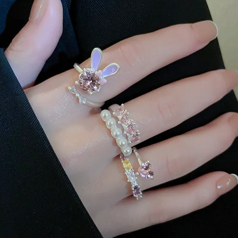 Mode Trendy Hart Strik Roze Kristallen Konijn Ring Voor Vrouwen