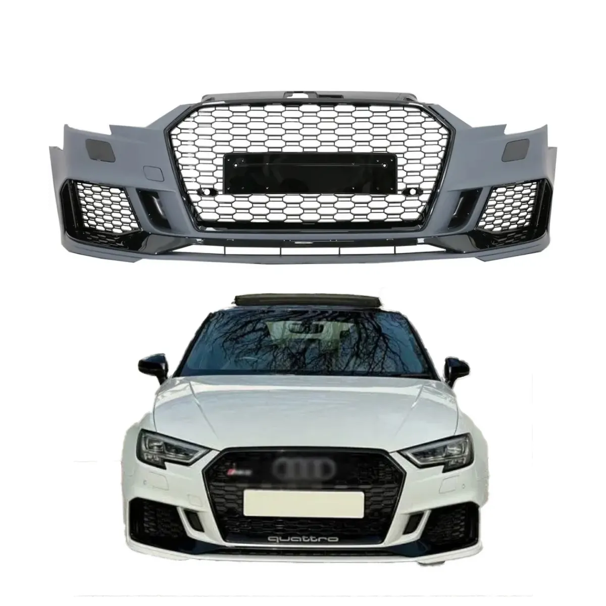 กันชนชุดด้านหน้ารถดัดแปลงสำหรับรถ Audi A3ชิ้นส่วนตัวถังรถสไตล์ RS3 2017-2020
