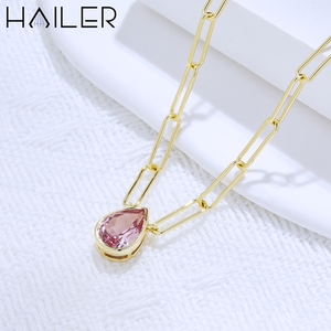 <span class=keywords><strong>Collar</strong></span> <span class=keywords><strong>de</strong></span> Plata 925 con <span class=keywords><strong>Zafiro</strong></span> Rosa Cultivado en Laboratorio, Corte Pera, Diseño Simple y Elegante para Mujer - Product Image 1