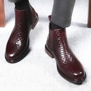 Men Woven Plaid High Top Chelsea Leather Boots Elastic Stretch Slip On Ankle <b>Booties</b> For Autumn Winter - Product Image 3