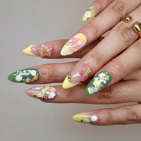 Faux ongles à presser en acrylique, forme amande, French manucure, avec fleurs 3D en strass et estampage doré, finition brillante/mate, personnalisables pour fêtes et vacances