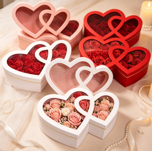 Boîte cadeau en forme de double cœur avec fenêtre transparente, boîte d'emballage pour roses de la Saint-Valentin, boîte cadeau de mariage avec logo personnalisé - Product Image 2