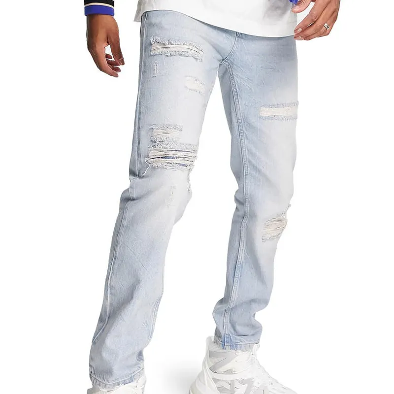 Custom Wholesale Mens Destroyed Pants Slim Fit Distressed Trousers Skinny Acid Wash Denim Ripped Jeans For Men