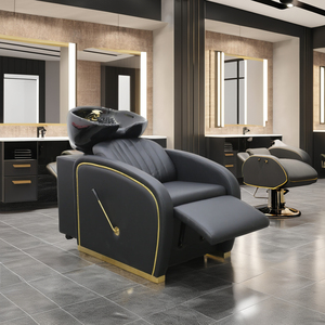 Moderner Schwarzer Leder-Friseurstuhl mit Weißer Schüssel für Haarwäsche, Salonmöbel für Beauty- und Friseursalons - Product Image 1