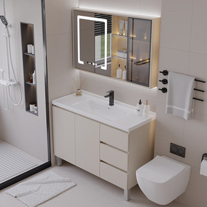 New <b>floor</b>-standing cream ceramic integrated basin bathroom cabinet bathroom smart <b>mirror</b> cabinet washbasin - Product Image 6