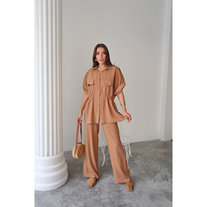 ชุดเสื้อเชิ้ตผ้าลินินและกางเกงขายาวสีน้ำตาลเอวผูกเชือก ชุดผู้หญิงไซส์ S - Product Image 5