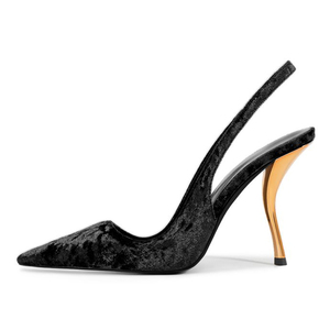 Escarpins personnalisés pour femme à talons originaux dorés, en velours côtelé, à bride arrière, style sandales habillées, à bout pointu - Product Image 4