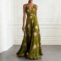 Robe longue d'été élégante et décontractée pour femme, col en V profond, imprimé floral tulipe, sans manches, taille haute, coupe trapèze, longueur ras du sol