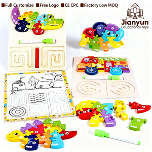 Puzzle en bois Montessori 3 en 1 personnalisé pour l'apprentissage des animaux, avec exercices de calligraphie gauche-droite et planche de traçage de labyrinthe pour les tout-petits - Product Image 1