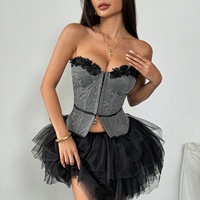 Bustier Corset sans bretelles à broderie florale, bordure à volants, devant ouvert, à armatures, pour soirée en boîte de nuit, lingerie bustier