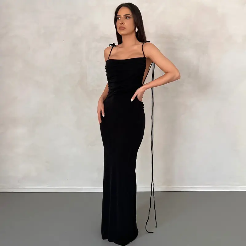 Lygens 11184 Ruched Halter Backless Elegant Velvet Maxi Women'S Dresses 2023 New Fashion Party Club American Clothing Wholesale