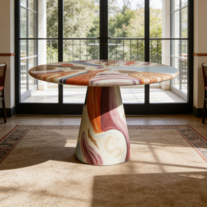 Mesa de Comedor Redonda de Lujo, Moderna, con Patrón en Espiral Colorido, Tapa de Mármol Artístico, Base Cónica, Muebles para Restaurante - Product Image 3