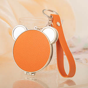 <b>Cute</b> <b>Bear</b> Head Shaped PU Leather Compact Mirror with Keychain Double Sided Folding Travel Mirror With Plastic Frame Strap - Product Image 4