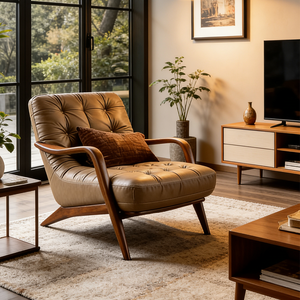 Poltrona in Vera Pelle Stile Nordico Retrò, Seduta Professionale per Sala d'Attesa, Lussuoso Divano Singolo Imbottito - Product Image 5