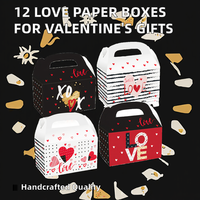 12 pièces/paquet Boîtes à poignée en carton faites à la main sur le thème de l'amour Doublure en éponge Emballage alimentaire pour cadeaux, biscuits, friandises, emballage de bonbons Joyeux