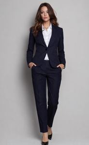 Traje de Blazer y Pantalones Ajustados a Rayas Azul Marino para Mujer, Conjunto Elegante y Formal para Oficina, Traje de Pantalón Profesional Chic de Estilo Moderno - Product Image 5