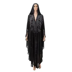 Latest Design Lace Mesh simple style Dress Muslim Diamond Black Sequin Tassel Turkish Abaya