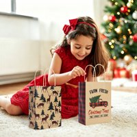SIEHNY Nouveau sac fourre-tout en papier kraft jaune vintage pour fête de Noël, design imprimé personnalisable, sac à main mignon