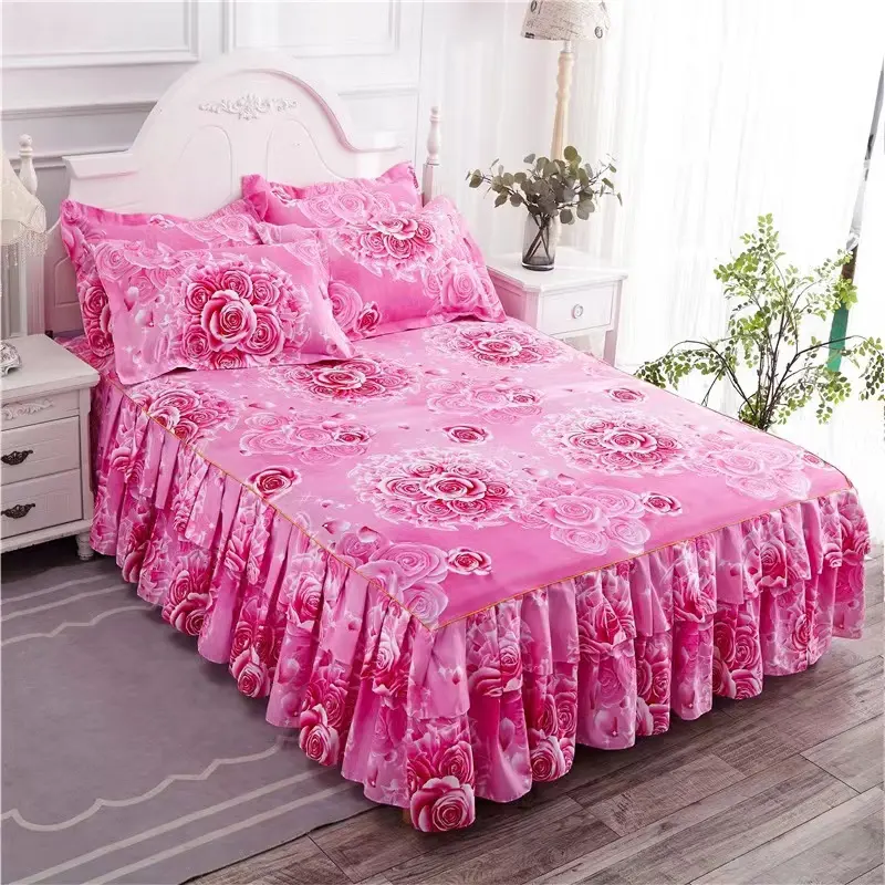 Seprai dua lapisan, seprai motif bunga, rok ranjang dua arah + 2 buah, Set rok tempat tidur sarung bantal