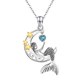 Joyería fina plata esterlina 925 azul corazón circón dos tonos plateado media luna y Sirena colgante collar - Product Image 1