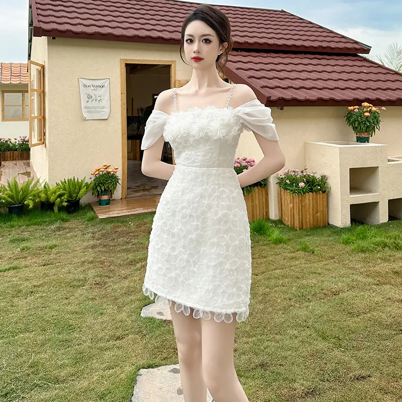 ZYHT 9664 toptan çiçek aplike bayanlar gevşek Mini resmi olay parti beyaz elbiseler kadın için zarif rahat elbise