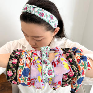 طوق شعر مسطح بنمط عرقي بوهيمي عصري مطرز بالزهور الحلوة قماش عتيق معقود أربطة رأس بوهيمية للنساء - Product Image 2