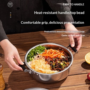 Pot à nouilles instantanées en acier inoxydable 304, durable, pour une personne, style coréen, petit pot à soupe/chaud, avec couvercle et double poignée pour ramen - Product Image 2