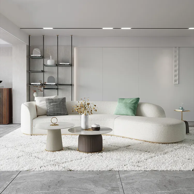 Tapicería de sofá de medio círculo de estilo europeo moderno, peluches blancos, juegos de sofás de tela de felpa, muebles para sala de estar
