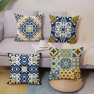 4 Fundas de <span class=keywords><strong>Almohada</strong></span> con Diseño de Mandala Bohemia, Flores Geométricas Azules y Amarillas, Arte Abstracto Mediterráneo Marroquí - Product Image 3