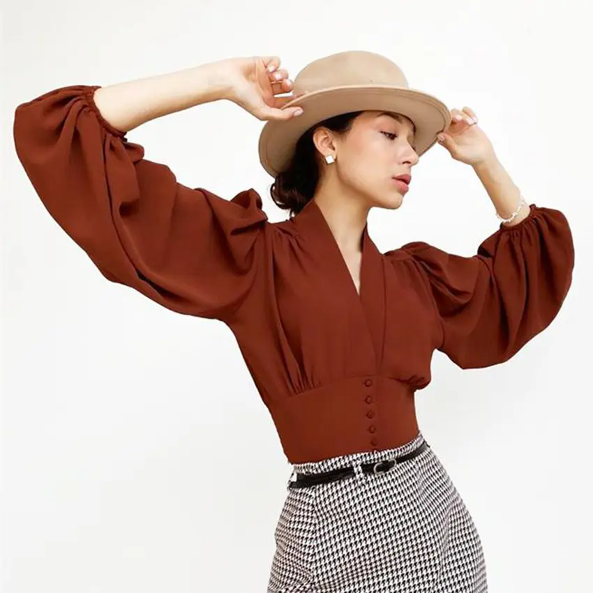 새로운 가을 겨울 짠 쉬폰 캐주얼 패션 사용자 정의 여성 여성 레이디 셔츠 탑 솔리드 V 넥 짧은 긴팔 여성 셔츠