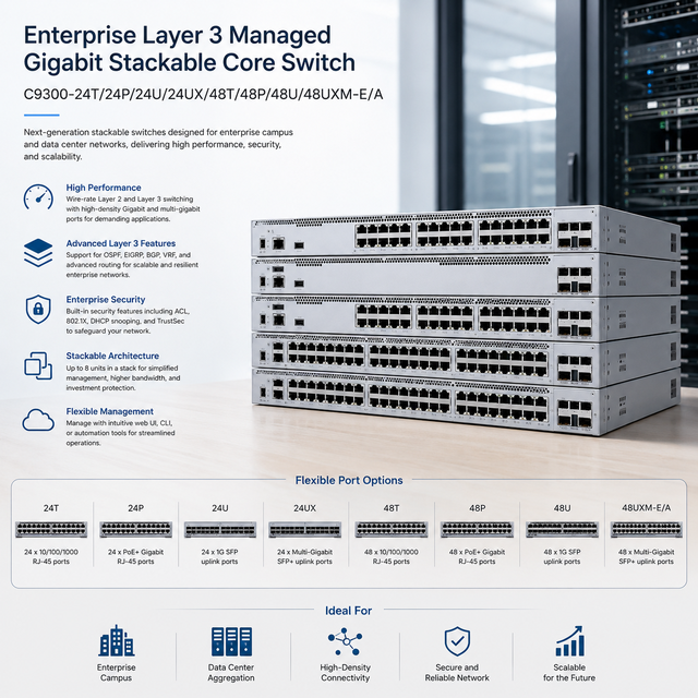 C9300-24T/24P/24U/24UX/48T/48P/48U/48UXM-E/A Enterprise Layer 3 Managed Gigabit Stackable Core Switch HighPerformance DataCenter