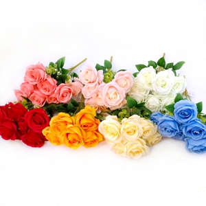 Prix de vente en gros nouveau design 9 têtes de roses en soie artificielle et bouquet de fausses roses colorées pour la décoration de mariage et d'événement - Product Image 6
