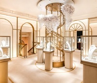 Design d'intérieur de salle d'exposition de bijoux de luxe de style français, couleur or champagne, avec kit complet de mobilier clé en main, éclairage LED et spirale centrale