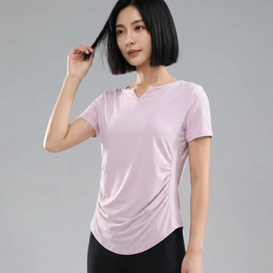 T-shirt de sport athlétique pour femme, col en V, froncé sur les côtés, léger, coupe ample, manches courtes, idéal pour le yoga, la course et la gym, vente en gros - Product Image 2