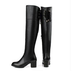 ארוך מגפי נשים מעל הברך גבוהה אתחול כיכר העקב בחורף שחור עם רוכסן חזרה צלב רצועת קישוט זול מחיר - Product Image 5