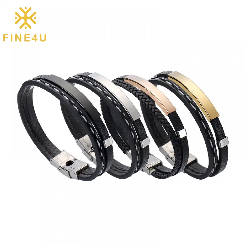 Personalized Engraved Logo Men Jewelry Braided Leather Gold Plated Stainless Steel Name Bangle Custom Bracelet
