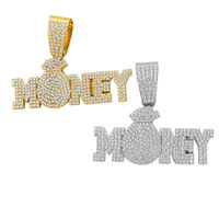 Collier chaîne cubaine avec pendentif lettre dollar en alliage et strass, style Hip Hop, motif sac de billets, entièrement serti de pierres, en stock, vente en gros
