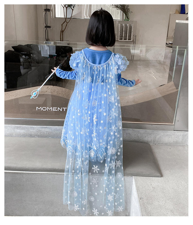 Transparent Beautiful Encanto Flower Snowflake Blue Halloween Costume Cloak Layer Princess Dress