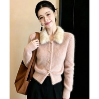 2026 Cardigan long uni à col en fourrure, en maille tricotée au crochet, avec boutons, style pull, pour femme