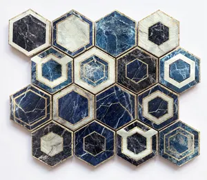 DS Hot Sale Cheap Price 3D Hexagon Metallic Blue Inkjet Metal Mosaic Tiles