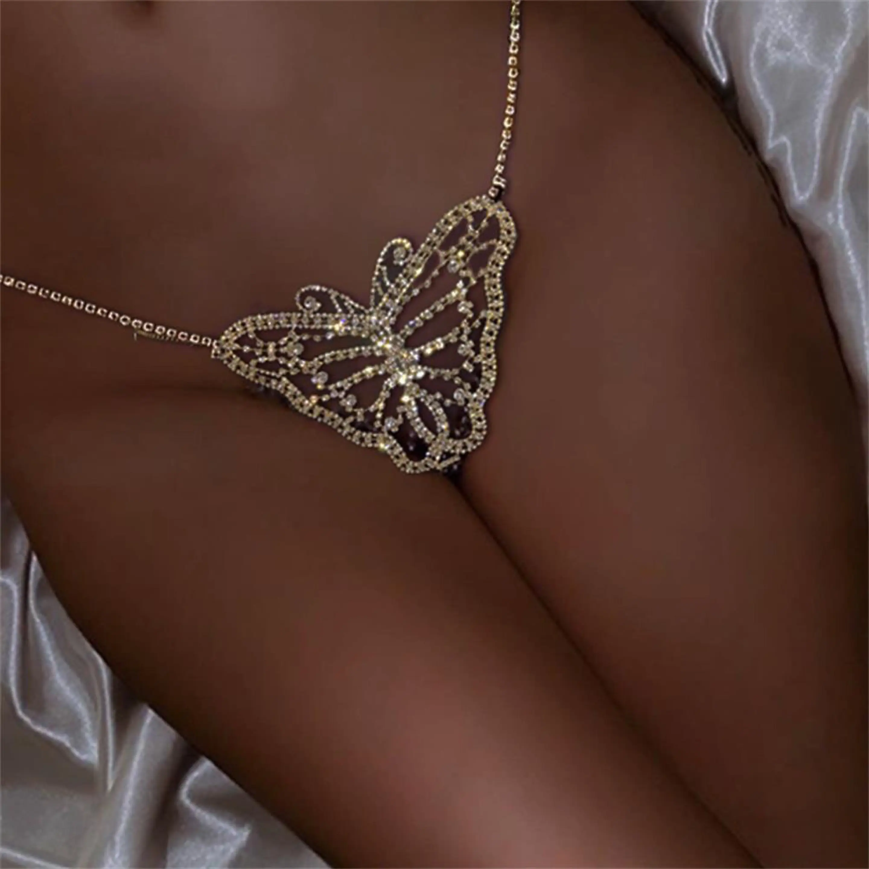RP136 Sexy perizoma di cristallo farfalla intimo catena gioielli per le donne Hollow Butterfly Body vita catena perizoma Bikini gioielli