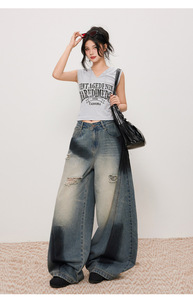 Nuevos pantalones anchos de cintura alta con corte de cimitarra, holgados, con costuras de desestructuración, agujeros y efecto pintado con aerosol, estilo vaquero envejecido para <span class=keywords><strong>hombre</strong></span> y mujer - Product Image 6