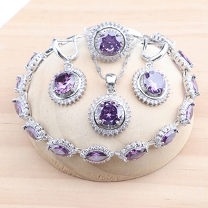 Violet améthyste mariée 925 ensembles de bijoux en argent Sterling pour femmes Zircon pierres boucles d'oreilles anneau Bracelet pendentif collier ensemble - Product Image 1