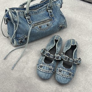 Women's Toe Denim Ballet <b>Flats</b> Ripped Distressed Lightweight Elasticated Collar Buckle Strap Metal Studs Anti-Slip Arch Support - Product Image 1