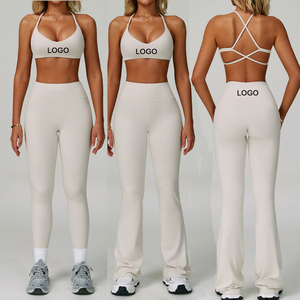 Conjunto de Yoga y Fitness Personalizado, Estilo Deportivo, Sin Espalda, Cuello Halter, Ajustado, Leggings y Pantalones Acampanados - Product Image 1