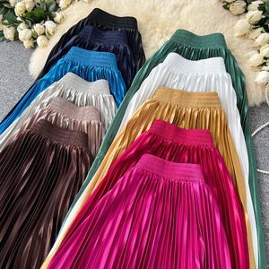 Falda Plisada Metálica Elegante para Mujer Falda <span class=keywords><strong>Midi</strong></span> Chic de Cintura Elástica en Línea A de Estilo Vintage - Product Image 2