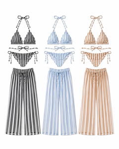 Striped Halter <b>Bikini</b> <b>Set</b> Sheer Beach Pants Swimwear <b>Triangle</b> Two Piece Swim Outfit - Product Image 1
