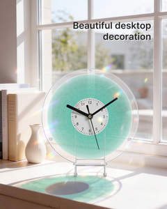 Acrylic Clock Puzzle Fresh Green 3-Layer Transparent UV Print Wall & <b>Table</b> Decor with Iron Stand - Product Image 2