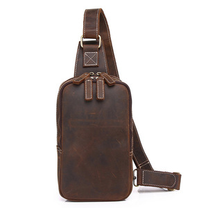 Vintage Genuine Leather Men's Chest <b>Bag</b> Dark Brown Coffee Color Top Grain Cowhide Handmade Double Zipper Crossbody - Product Image 5