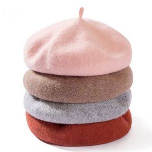 K76 Béret pour femme Printemps Hiver, style peintre, en laine vintage, couleur unie, bonnet chaud pour la marche - Product Image 1